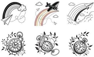 A set of four different designs with clocks, clouds, and a rainbow vector