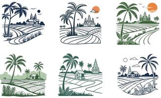 Four different illustrations of rice fields and palm trees vector