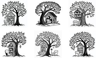 A set of four illustrations of trees with houses vector