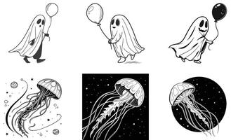 A set of four black and white drawings of ghosts and jellyfish vector
