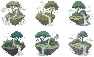 A set of cartoon illustrations of different types of trees and waterfalls vector
