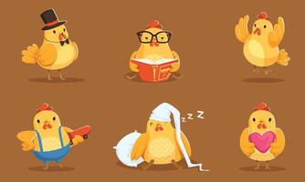 Set Of Animated Chicken In Different Actions Illustration Cartoon Character vector