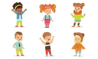 Set Of Pretty Toddlers In Colorful Wears In Motion Illustration Set Cartoon Character vector