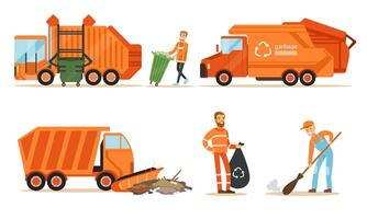 Orange garbage truck and a garbage collector remove garbage. Set of illustrations. vector