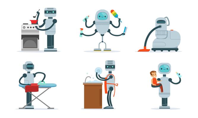 Cartoon robots help around the house. illustration.