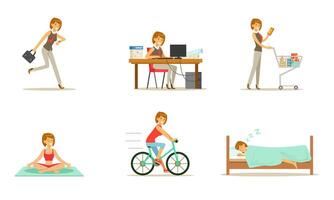 Life style and daily routine of a working woman. Set of illustrations. vector