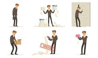Manager Character Work, Failures And Losses, Debts And Bankruptcy Illustration Set Isolated On White Background vector