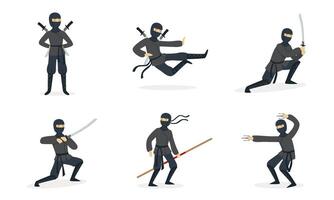 Ninja shows tricks. Set of illustrations. vector