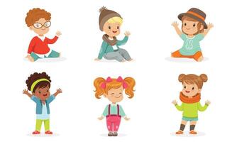 Set Of Pretty Toddlers In Colorful Wears In Motion Illustration Set Cartoon Character vector