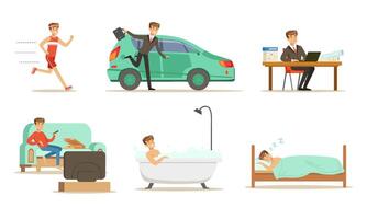 Daily routine morning and evening men. Set of illustrations. vector