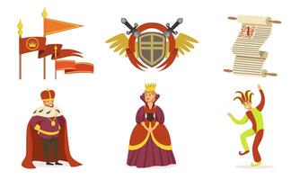 People in medieval clothes. Coat of arms, scroll and flags. Set of illustrations. vector