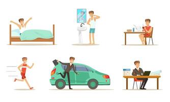 Morning routine of a mans day. Set of illustrations. vector