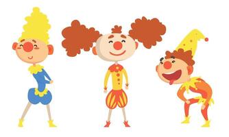 Set Of Three Cheerful Holidays Clowns In Colorful Clothes And Hats Illustration Cartoon Character vector