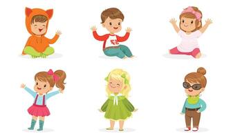 Little Toddlers In Colorful Wears In Motion Illustration Set Cartoon Character vector