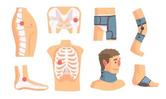 Blue supportive bandages and skeleton with a point of pain. Set of illustrations. vector