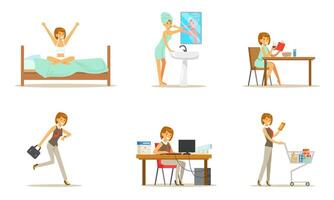 Daily routine for a woman. Set of illustrations. vector