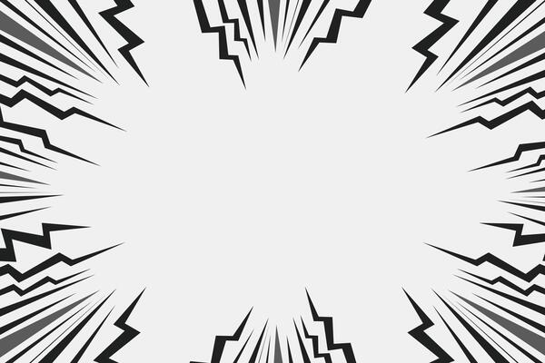 Speed lines in frame for manga comics book. Radial motion background with flash and lightning. Monochrome explosion and flash glow. concentric textured illustration.
