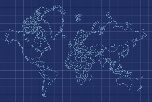World Map Blue Outline Grid Style Illustration