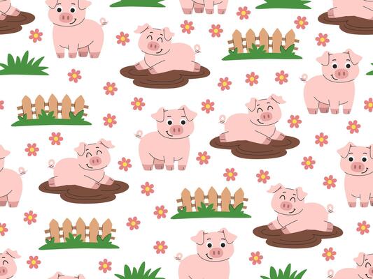 Children's cute pigs on the farm cartoon seamless pattern. Country background with happy pigs in a puddle, fences and flowers.