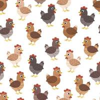 Children's cartoon pattern with chickens. Country cute pattern with poultry. Chickens of different colors seamless background. vector