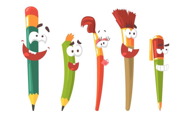 Cartoon stationery with a face. Set of illustrations.
