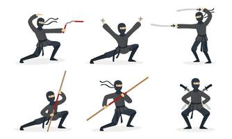 Ninja shows different tricks with weapons. Set of illustrations. vector