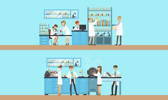 Scientists in the laboratory are conducting an experiment. illustration on a blue background. vector