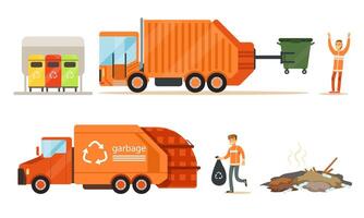 Garbage truck loads garbage. Set of illustrations. vector
