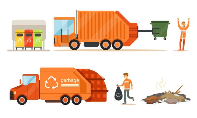 Garbage truck loads garbage. Set of illustrations.