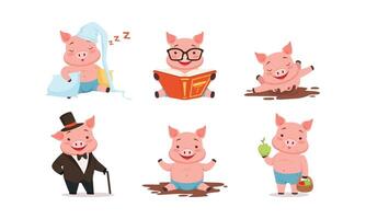 Funny Pigs Characters Sleeping on Pillows and Reading Book Set vector