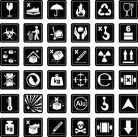 Black Cardboard Packaging Label. Logistics, Shipping. Stickers Fragile, Do Not Step On, Keep Dry, Flammable, Recycled, This Side Up, Do Not Litter, Use Cart, Radiation, Do Not Drop, Toxic, and More vector