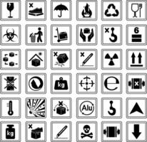 Cardboard Packaging Label. Logistics, Shipping. Stickers Fragile, Do Not Step On, Keep Dry, Flammable, Recycled, This Side Up, Do Not Litter, Use Cart, Radiation, Do Not Drop, Toxic, and More vector