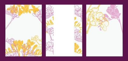 Colorful saturated and bright beautiful wedding invitations. Modern and joyful A4 format design with highly detailed flowers for print and online usage. Happy hand drawn freesia illustrations vector