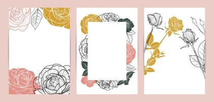 Colorful saturated and bright beautiful wedding invitations. Modern and joyful A4 format design with highly detailed flowers for print and online usage. Happy hand drawn roses illustrations vector