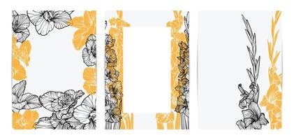 Colorful saturated and bright beautiful wedding invitations. Modern and joyful A4 format design with highly detailed flowers for print and online usage. Hand drawn gladiolus illustrations vector