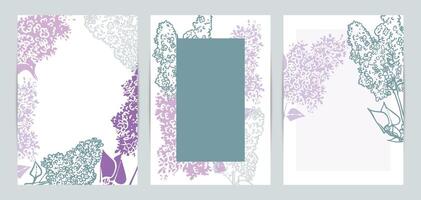 Colorful saturated and bright beautiful wedding invitations. Modern and joyful A4 format design with highly detailed flowers for print and online usage. Happy hand drawn lilac illustrations vector