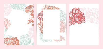 Colorful saturated and bright beautiful wedding invitations. Modern and joyful A4 format design with highly detailed flowers for print and online usage. Happy hand drawn peonies illustrations vector