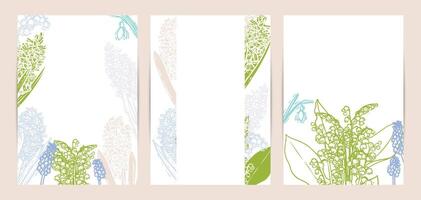 Colorful saturated and bright beautiful wedding invitations. Modern A4 format design with highly detailed flowers for print and online usage. Hand drawn hyacinth, snowdrops, lily illustrations vector