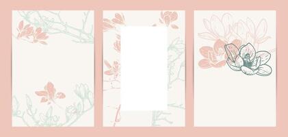 Colorful saturated and bright beautiful wedding invitations. Modern and joyful A4 format design with highly detailed flowers for print and online usage. Happy hand drawn magnolia illustrations vector