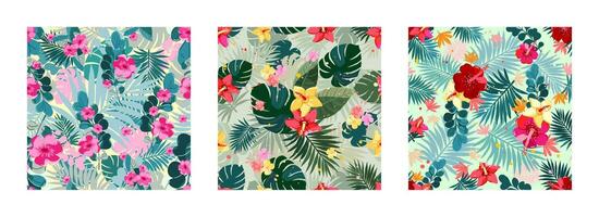 A set of seamless patterns with tropical plants and flowers. Spring, summer bright background. vector