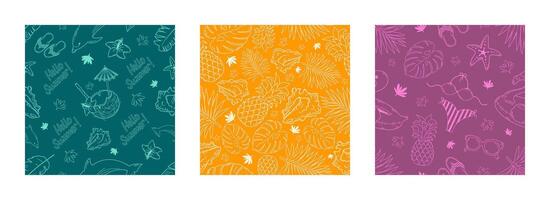 A set of seamless patterns with summer pictograms. Summer abstract background. vector