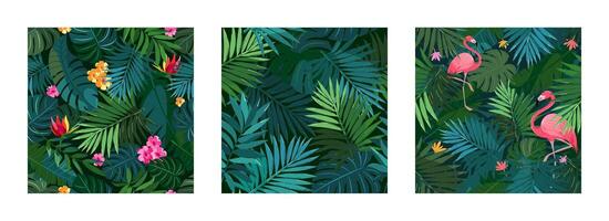 Green background, jungles, flamingos, tropical plants and flowers. Seamless pattern, a set of complementary decors vector