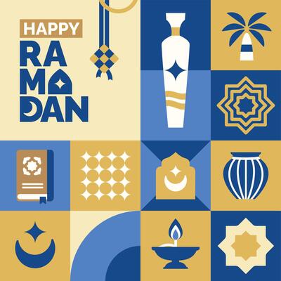 geometric ramadan kareem illustration in flat style, minimalist islamic icon, suitable for poster, banner, greeting card and cover
