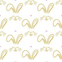Seamless pattern with bunny line faces and polka dot little hearts vector