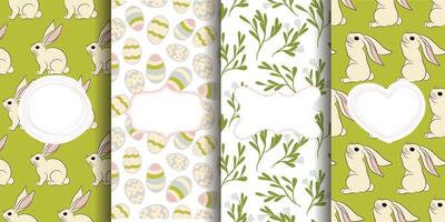 Set of seamless Easter patterns with rabbits, eggs and flowers, banners vector