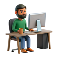 beautiful contemporary Man Working on Desktop Computer Front View Transparent Background high quality png