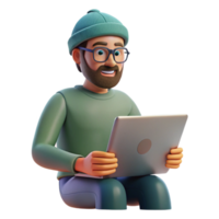 impressive rustic Man Working on Laptop in Cafe Isolated high quality png