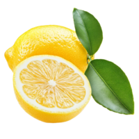 Fresh lemon citrus fruit with green leaves isolated on transparent background ready for culinary use or beverage preparation, lemon citrus fruit isolated on transparent background png