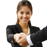 Happy woman shaking hands after receiving a job offer in a bright office setting, file no background Happy woman recruited after the job interview png