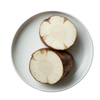 Sliced taro root displayed on a transparent plate against a plain transparent background, showcasing its delicate texture and color, slice taro root on transparent plate on transparent background png
